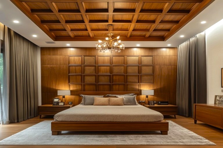 Wood Paneling for Warmth and Texture Modern Bedroom Ceiling Designs