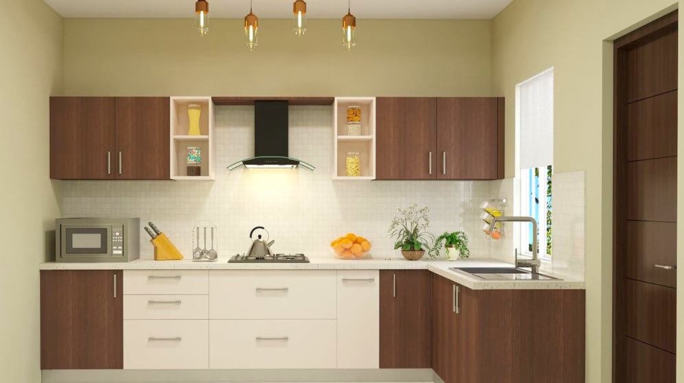 Wooden Finish L Shape Modular Kitchen Design