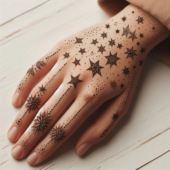 Star & Dot Pattern Khafif Mehndi Design Back Hand