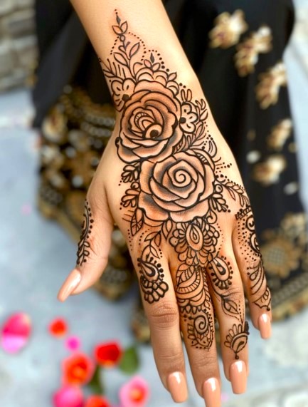 Flower on back hand Mehndi Designs for Girls