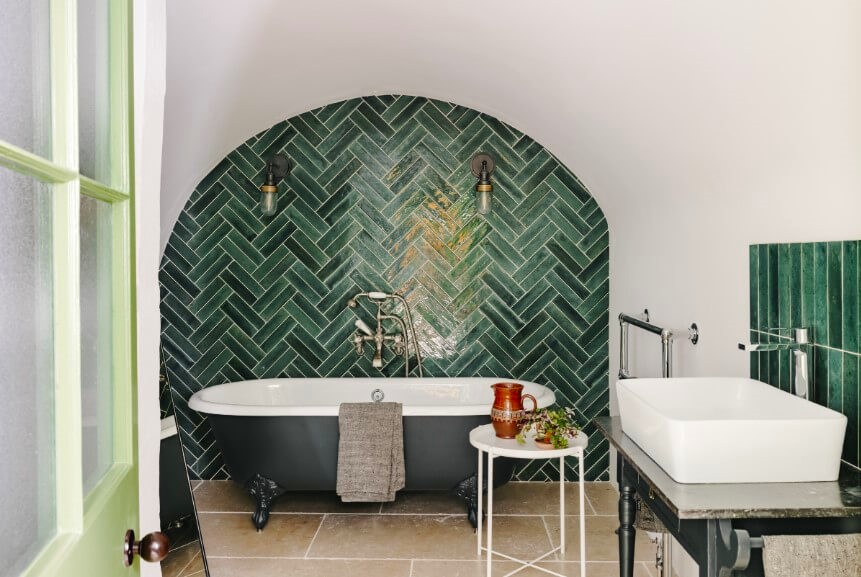 Neutral Walls + Bold Floors Bathroom Tiles Design