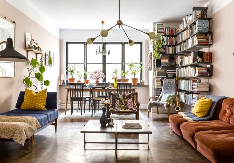 Books & Indoor Plants Drawing Room Interior Design